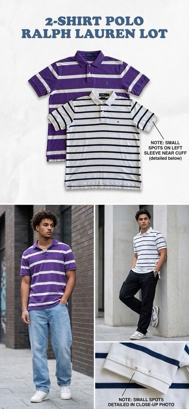 Lot 2 Polo Ralph Lauren Y2K Striped Polo Shirts Mens L Purple White Navy Spots